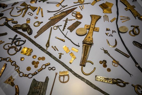 Various ancient Roman metal tools, scythe, Battle of Varus Roman Museum Kalkriese, Bramsche, Lower