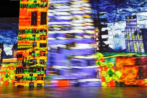 Immersive exhibition, digital art, famous paintings, colorful projections on walls, pictures by