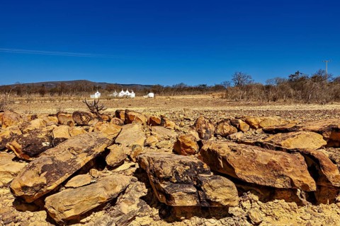 Large rocks lie on the dry, bright desert soil under clear skies, the thornshrub savanna in the