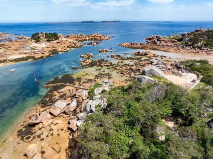 Aerial view of the picturesque coastal landscape on the Pink Granite Coast with the neo-Gothic