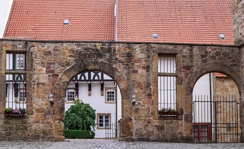 Iburg Castle and Benedictine Abbey, entrance to the courtyard, Bad Iburg, Osnabrücker Land, Lower