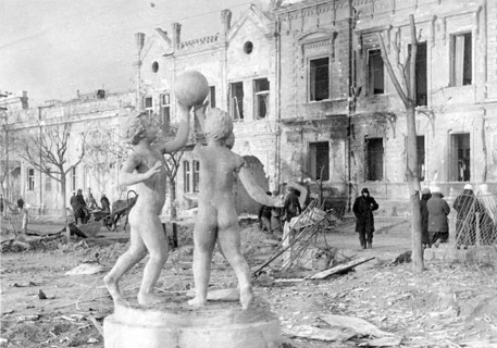 Ruined square with figures, Sevastopol, Crimea, Ukraine 1944 World War II. In October 1941, the