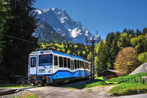 Bayerische Zugspitzbahn cogwheel railway with Zugspitze 2962m in spring, Grainau, Werdenfelser