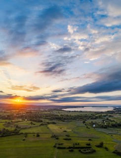 Morning atmosphere on Lake Constance. Sunrise in the Zeller Aachried nature reserve. aerial view.