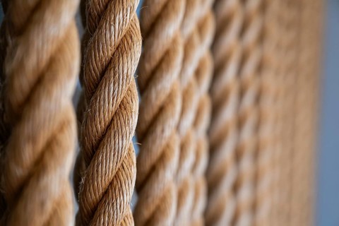 Close-up of several twisted thick ropes hanging close together, Strandingsmuseum St. George, North