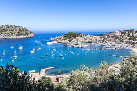 Port de Soller in Majorca from above Seaside Beach Marina with boats Trip in Spain