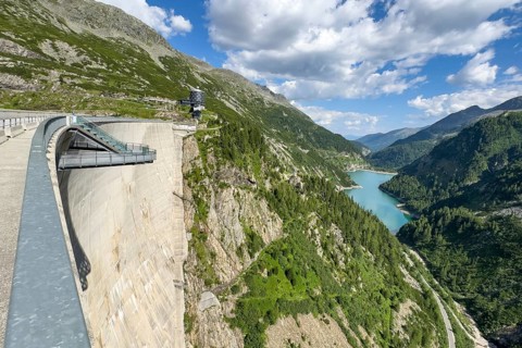 View of Kölnbrein Reservoir on air side of dam wall facing away from the water with floating