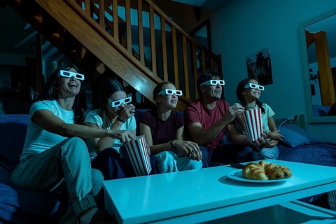 Family members wearing 3d glasses cheering and laughing while watching television together on a