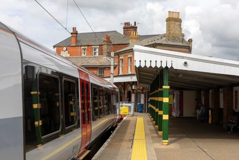 Greater Anglia Class 720 Aventra electric train at platform, Colchester Town railway station,