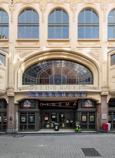 Art Nouveau façade of Cinema Churchill in the old town of Liège, Belgium