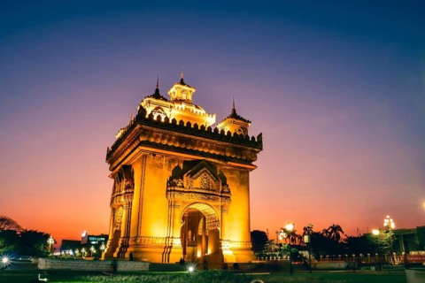 Vientiane, Laos - 15th february, 2025: Patuxai Victory Monument in Vientiane, Laos. The illuminated