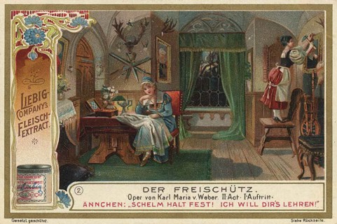 Picture series Der Freischütz, Ännchen nailing a fallen ancestral picture back onto the wall while