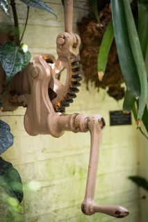 Device with gear and crank to open and close windows in Tropical Corridor, a hot, humid greenhouse