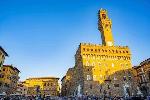 Palazzo Vecchio at sunset, UNESCO World Heritage Site, Piazza della Signoria, Florence, Tuscany,