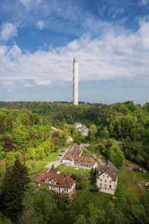 View from the Neckar line over the wooded Neckar Valley to the 246 meter high TK Elevator Test