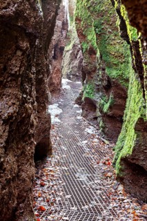 A narrow path leads through rough, moss-covered gorge walls and enchants with its natural