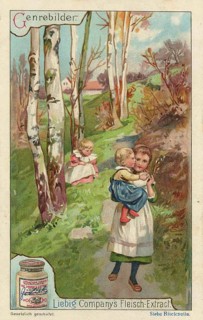 Series of genre paintings, scene showing three children in a bright birch forest. In the