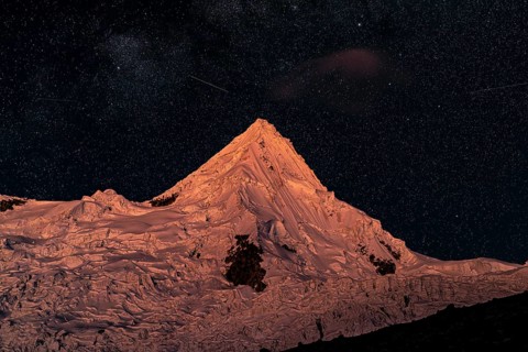 Alpamayo with alpamayo glacier against a starry sky, 5947 m, with the title of most beautiful
