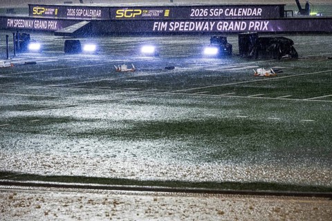 WROCLAW, POLAND - JUNE 20, 2026: DEWALT FIM Speedway GP of Poland. Heavy rain before the