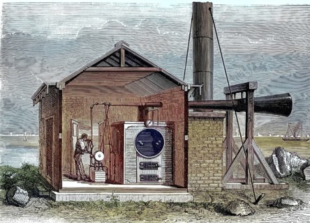 Historic steam-powered fog siren, Brown's Steam Powered Fog Siren, on a coast of the USA from the