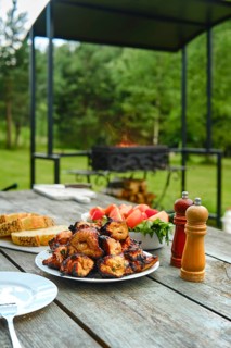 Barbecue gathering in backyard near grill with grilled chicken, tomato and cucumber salad and bread