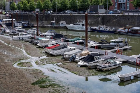 Low water in the Rhine near Cologne, the Rheinauhafen, motorboats on the jetty, are partly aground,