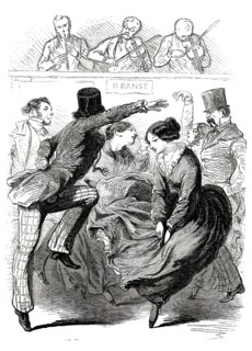 A dancing couple in the foreground, surrounded by other ball-goers, whilst in the background