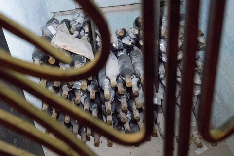 Dusty wine bottles behind bars in a dark storage room, wine cellar, Milestii Mici Winery, Mile?tii