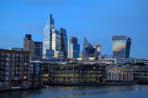 City of London skyline with skyscrapers 22 Bishopsgate, Leadenhall Building, Cheesegrater, and 20