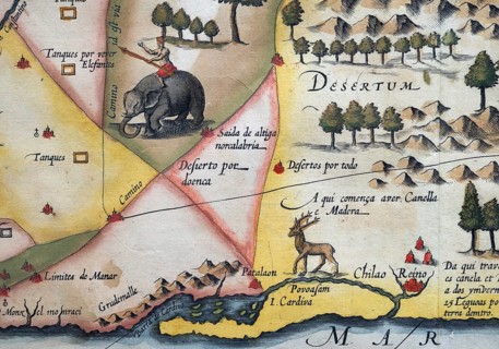 Old coloured map of Ceylon or Sri Lanka decorated with an elephant, by Jodocus Hondius from the