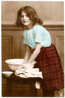 Girl, wash bowl, colored, grace, art nouveau, A young girl washes something in a wooden bowl and