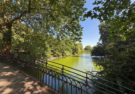 Bridge over the lake in Rombergpark, Dortmund, Ruhr area, North Rhine-Westphalia, Germany
