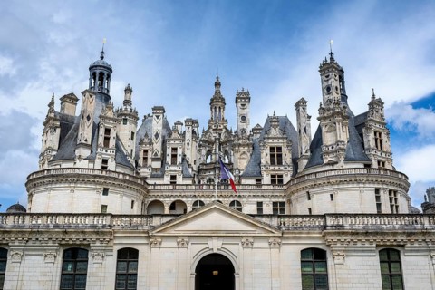 Southeast view, detailed view of the monumental Renaissance Château de Chambord castle with its