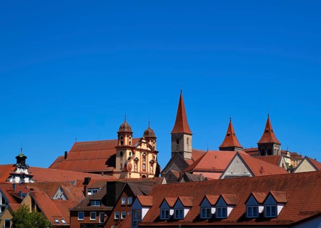 Protestant town church and collegiate church of the monastery, now St Vitus' Basilica, rooftops,