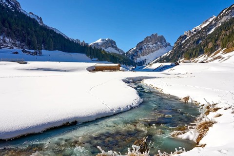 Snowy alpine winter landscape in the Alpstein, Säntis mountain range, Brülisau, Kanton Appenzell,
