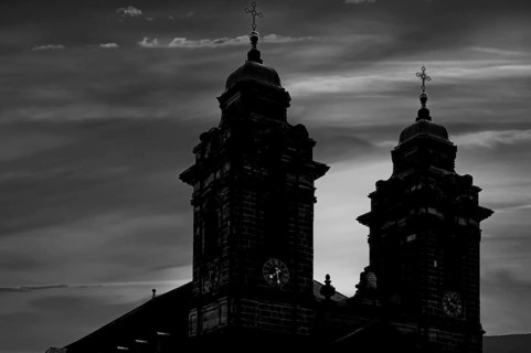 Egidienkirche as a silhouette in the evening sky, black and white, Egidienplatz, Nuremberg, Middle