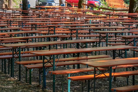 Empty beer tables and benches on a rock cellar, Senftenberg, Upper Franconia, Bavaria, Germany