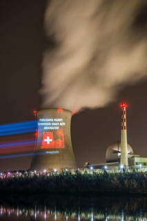 Protest action broadcast by the anti-nuclear organization, projection, night view, 05-03-2026,