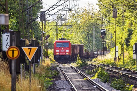 Freight train traveling on the Schusterbahn, a bypass of Stuttgart Central Station. The route is