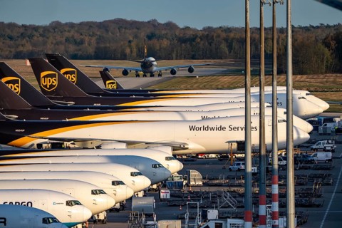 Cologne-Bonn airport, CGN, air freight center, UPS Logisic Hub, UPS cargo aircraft on the apron,