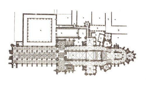 Floor plan of Canterbury Cathedral, England, illustration, reproduction from a 19th century model.
