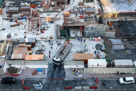 Bird's-eye view of large construction site construction site exit, Dubai, United Arab Emirates, UAE