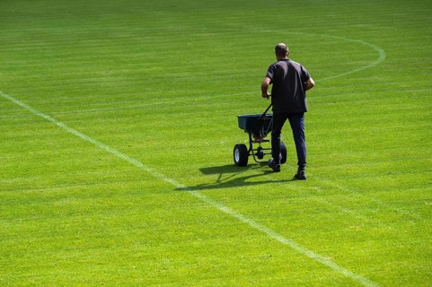 Groundsman spreads artificial fertilizer for grass on a football pitch in Lubin, Poland