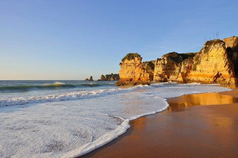 Sandy beach beach and rocky coast, Praia Dona Ana, Lagos, Algarve, Portugal