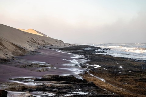 Atlantic coast, sandy beach and sand dunes, desert landscape and sea, Namib Naukluft Park, Namib