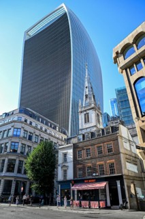 View of 20 Fenchurch Street skyscraper, walkie talkie, and the historic church of St. Margaret