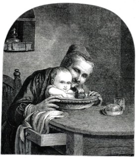 A scene in which a grandmother (or elderly woman) is holding a small child or baby at a wooden