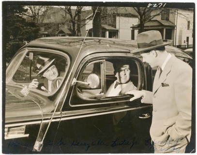 Three men around a car, funny scene, Michigan, USA, Three men in suits and hats, two in the car