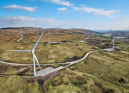 Aerial photo of a wind farm in the Scotish highland near Lairg, Scotland, UK
