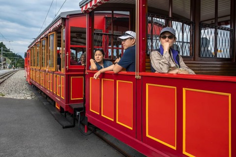 Vitznau Rigi Bahn mountain railway historic presentation car with Asian tourists, Rigi Staffel,
